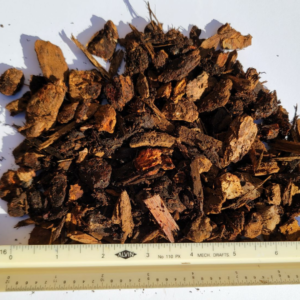 Close-up of small decorative bark pieces measured against a ruler for size comparison.