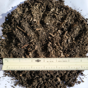 Planting mix with a blend of organic matter and fine soil particles, displayed with a ruler for scale.
