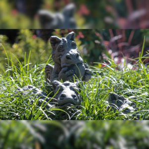 Whimsical stone dragon sculptures peeking out playfully from lush green grass in a garden.
