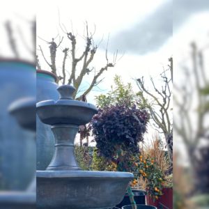 Close-up of a rustic two-tiered garden fountain with a backdrop of potted plants, trees, and bare branches under a cloudy sky.